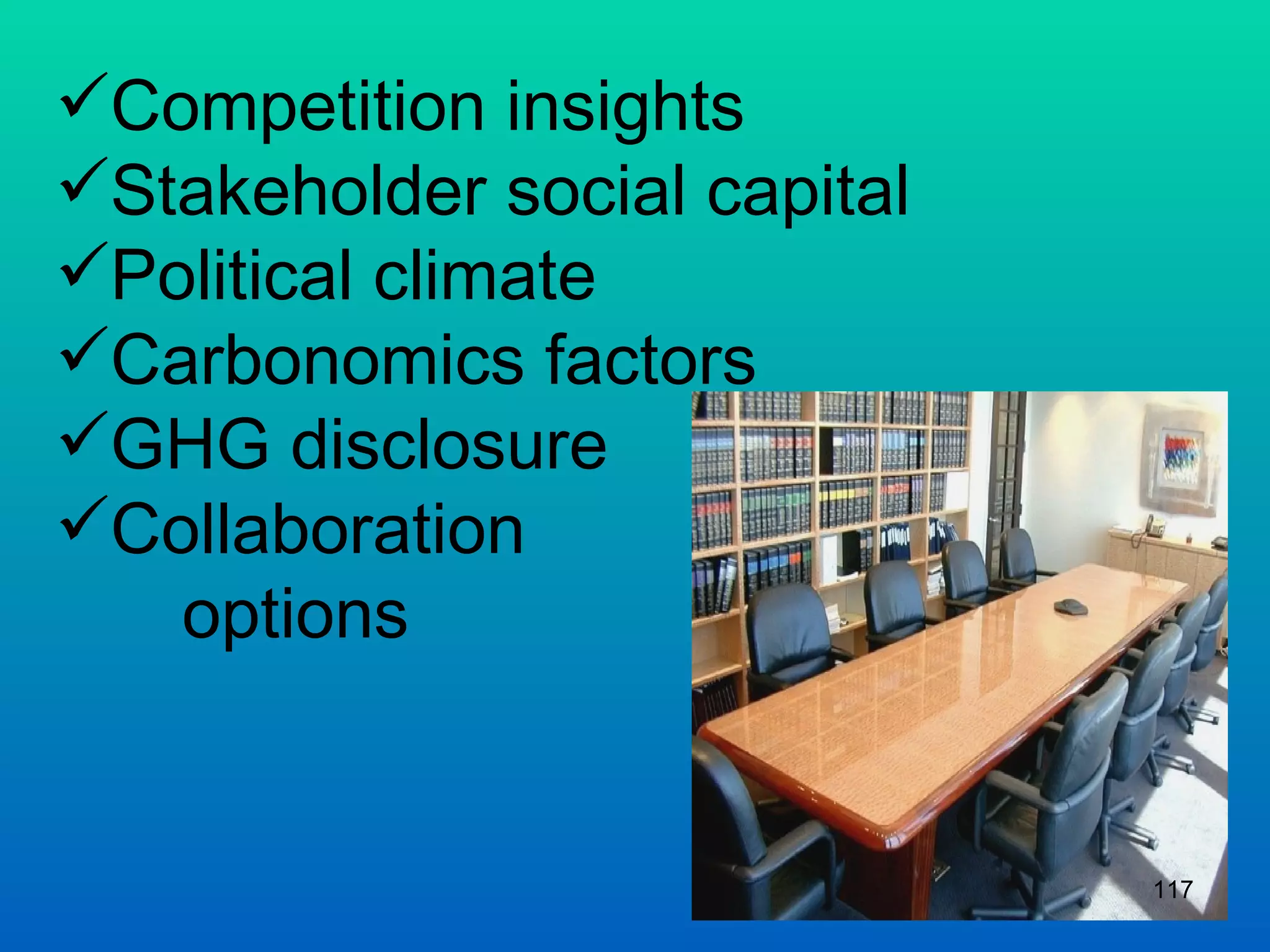 Competition insights Stakeholder social capital Political climate Carbonomics factors GHG disclosure Collaboration  options 