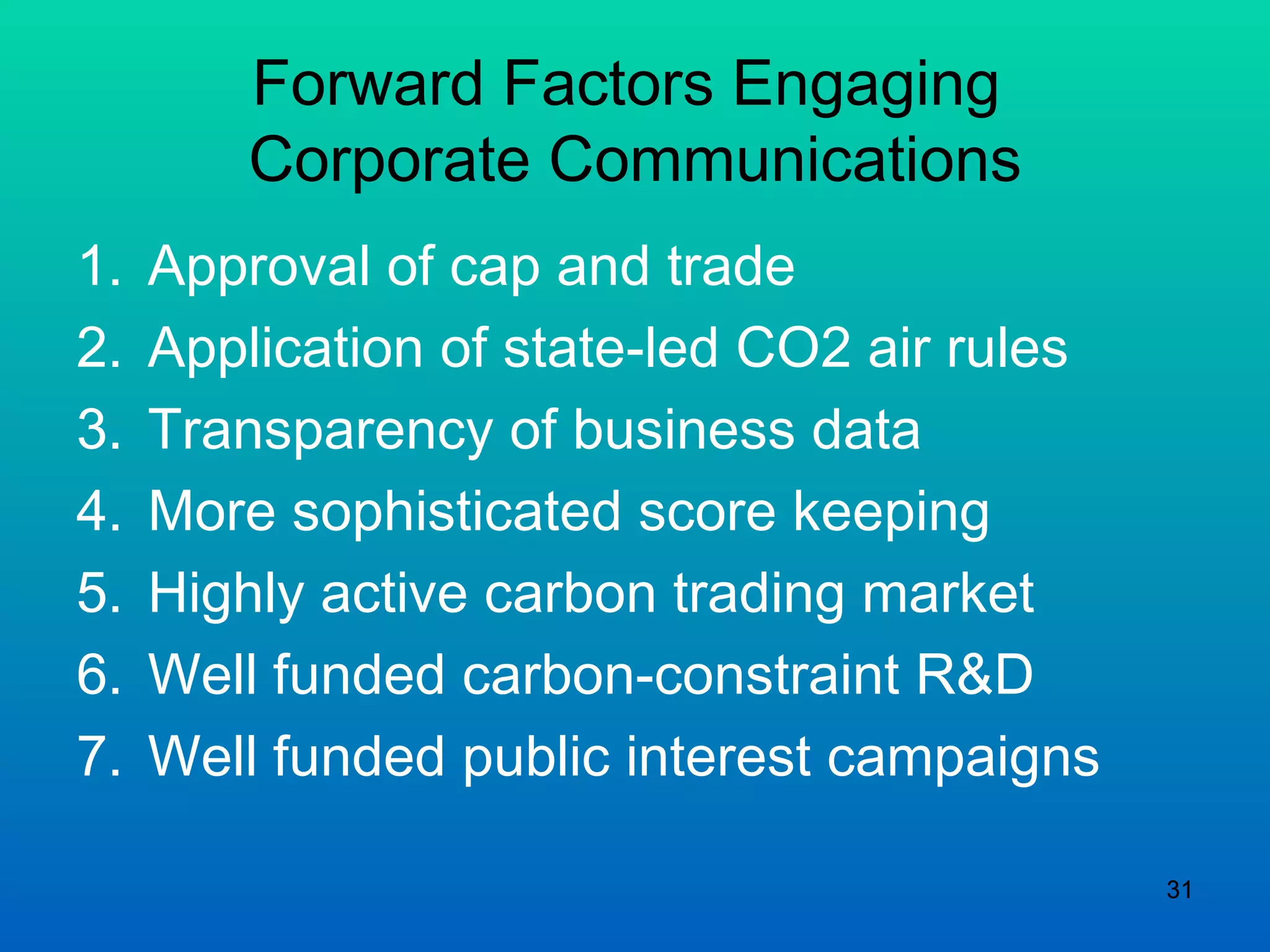 Forward Factors Engaging  Corporate Communications Approval of cap and trade Application of state-led CO2 air rules Transparency of business data More sophisticated score keeping Highly active carbon trading market Well funded carbon-constraint R&D Well funded public interest campaigns 