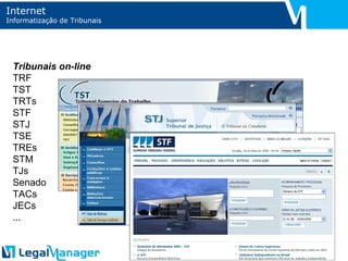 Internet Informatização de Tribunais Tribunais on-line  TRF TST TRTs STF STJ TSE TREs STM TJs Senado TACs JECs ... 