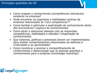 Principais questões do GC Como mapear o conhecimento (competências individuais) existente na empresa? Onde encontrar as expertises e habilidades centrais da empresa relacionadas às “ core competences” ? Como facilitar e estimular a explicitação do conhecimento tácito dos funcionários? (captura de conhecimento) Como atrair e selecionar pessoas com as requeridas competências, habilidades e atitudes? (importação de conhecimento) Que sistemas, políticas e processos devem ser implementados para moldar comportamentos relacionados ao estímulo à criatividade e ao aprendizado? Como incentivar e premiar o compartilhamento de conhecimento e desencorajar que as pessoas guardem o conhecimento para si próprias ( knowledge hoarding )? 