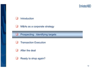 Introduction


M&As as a corporate strategy


Prospecting : Identifying targets


Transaction Execution


After the deal

...