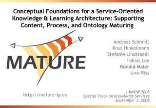 Conceptual Foundations for a Service-Oriented Knowledge & Learning Architecture: Supporting Content, Process, and Ontology Maturing  Andreas Schmidt Knut Hinkelmann Stefanie Lindstaedt Tobias Ley Ronald Maier Uwe Riss http://mature-ip.eu I-KNOW 2008 Special Track on Knowledge Services September 3, 2008 