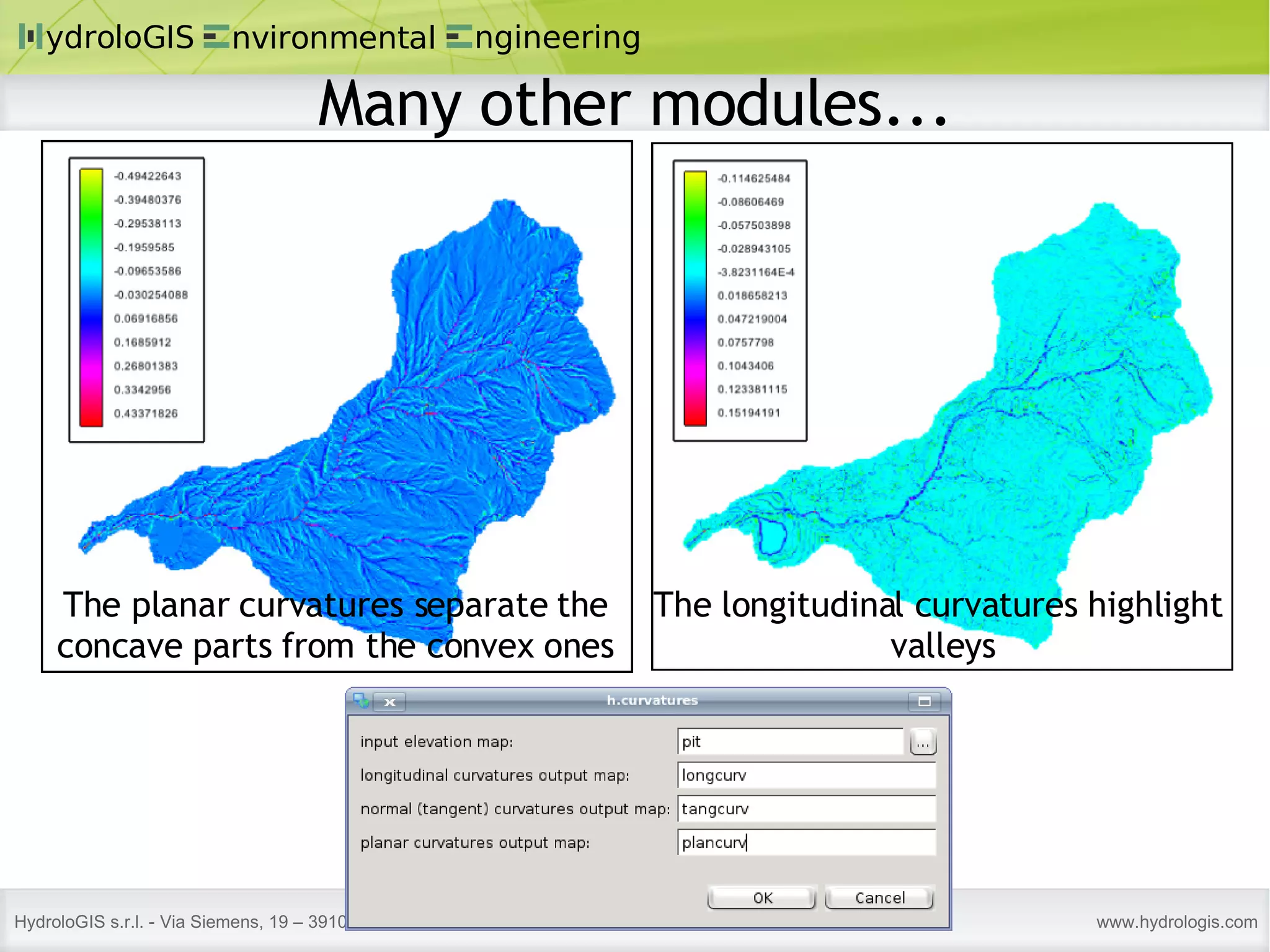 The planar curvatures separate the concave parts from the convex ones The longitudinal curvatures highlight  valleys Many other modules... 