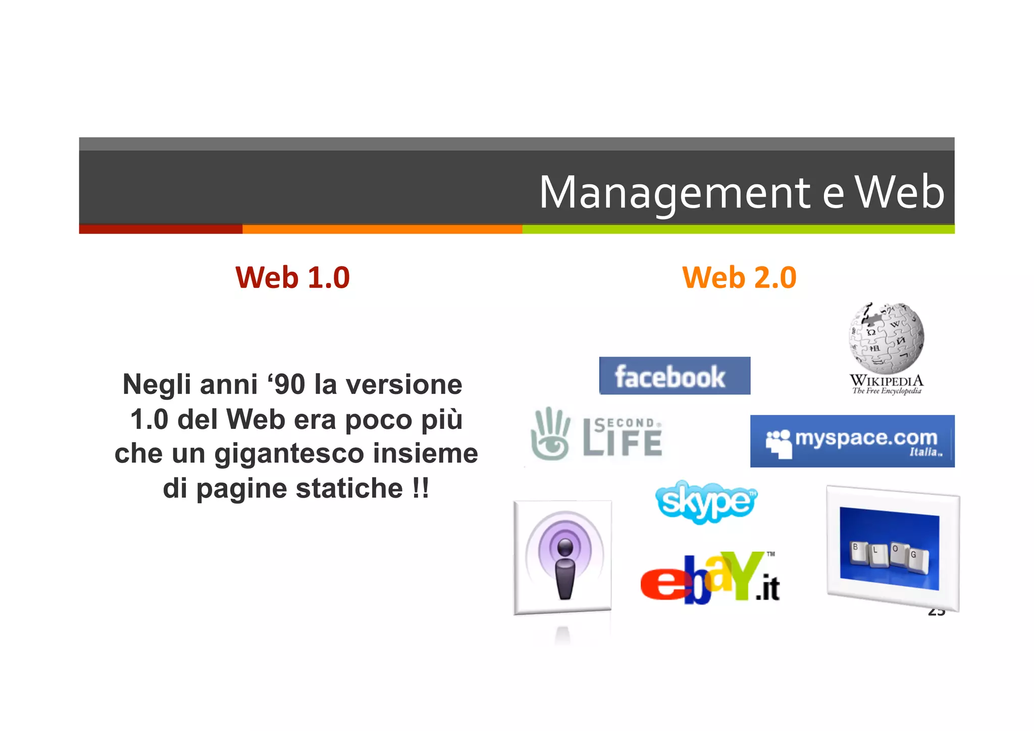 Management e Web 
        Web 1.0                   Web 2.0 


Negli anni ‘90 la versione
 1.0 del Web era poco più
che un gigantesco insieme
    di pagine statiche !!



                                             25 
 