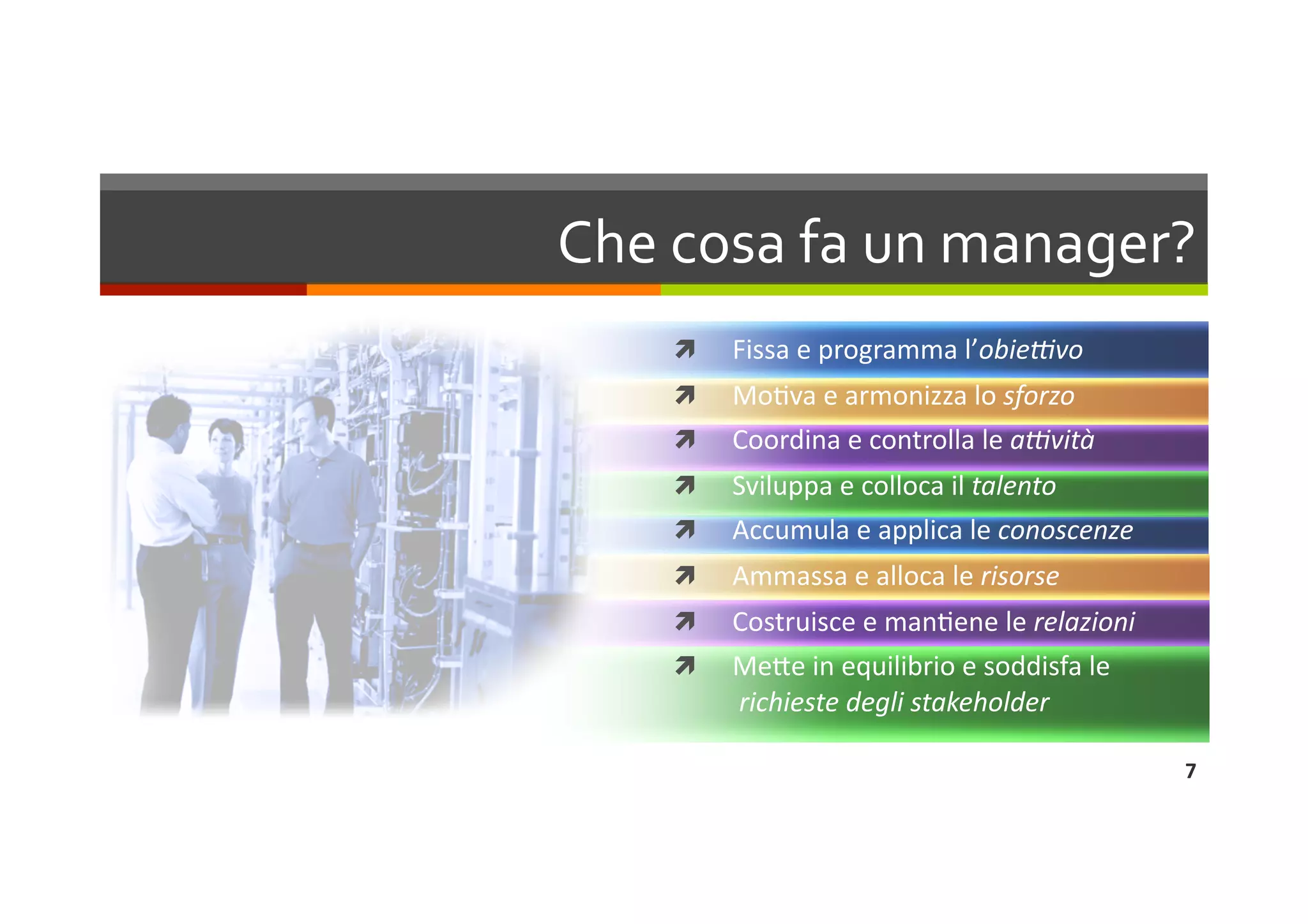 Che cosa fa un manager? 
        Fissa e programma l’obie%vo 
        MoLva e armonizza lo sforzo 
        Coordina e controlla le a%vità 
        Sviluppa e colloca il talento 
        Accumula e applica le conoscenze 
        Ammassa e alloca le risorse 
        Costruisce e manLene le relazioni 
        MeQe in equilibrio e soddisfa le
          richieste degli stakeholder 

                                              7 
 