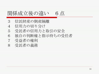関係成立後の違い　６点 ３　信託財産の倒産隔離 ４　信用力の切り分け ５　受託者の信用力と取引の安全 ６　独自の判断権と指示待ちの受任者 ７　受益者の権利 ８　受託者の義務 