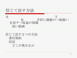 信じて託す方法 Ｓ  　　Ｔ  Ｂ　　　　手許に価値の->取扱いを託す->収益の帰属 　　高い絵画 信じて託す２つの方法 　委任契約 　信託　 　　どこが異なるか 
