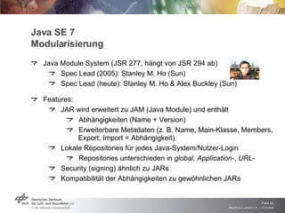 Java SE 7 Modularisierung <ul><li>Java Module System (JSR 277, hängt von JSR 294 ab) </li></ul><ul><ul><li>Spec Lead (2005...