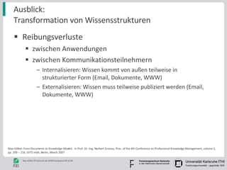 Ausblick: Transformation von Wissensstrukturen Reibungsverluste  zwischen Anwendungen zwischen Kommunikationsteilnehmern Internalisieren: Wissen kommt von außen teilweise in strukturierter Form (Email, Dokumente, WWW) Externalisieren: Wissen muss teilweise publiziert werden (Email, Dokumente, WWW) Max Völkel:  From Documents to Knowledge Models.  In Prof. Dr.-Ing. Norbert Gronau, Proc. of the 4th Conference on Professional Knowledge Management, volume 2, pp. 209 -- 216. GITO mbh, Berlin, March 2007 