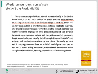 Wiederverwendung von Wissen  steigert die Produktivität Thomas H. Davenport  Thinking for a Living: How to Get Better Performance and Results from Knowledge Workers Verlag: Mcgraw-Hill Professional (1. November  2005 ), ISBN-10: 1591394236 