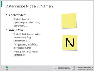 Datenmodell-Idee 2: Namen <ul><li>Content Item </li></ul><ul><ul><li>Vorbild: Post-It, Textschnipsel, Bild, Datei, Dokumen...