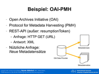 Beispiel: OAI-PMH Open Archives Initiative (OAI) Protocol for Metadata Harvesting (PMH) REST-API (außer: resumptionToken) Anfrage: HTTP GET (URL) Antwort: XML Nützliche Anfrage: Neue  Metadatensätze Metadatensatz OAI Data Provider Metadatensätze 