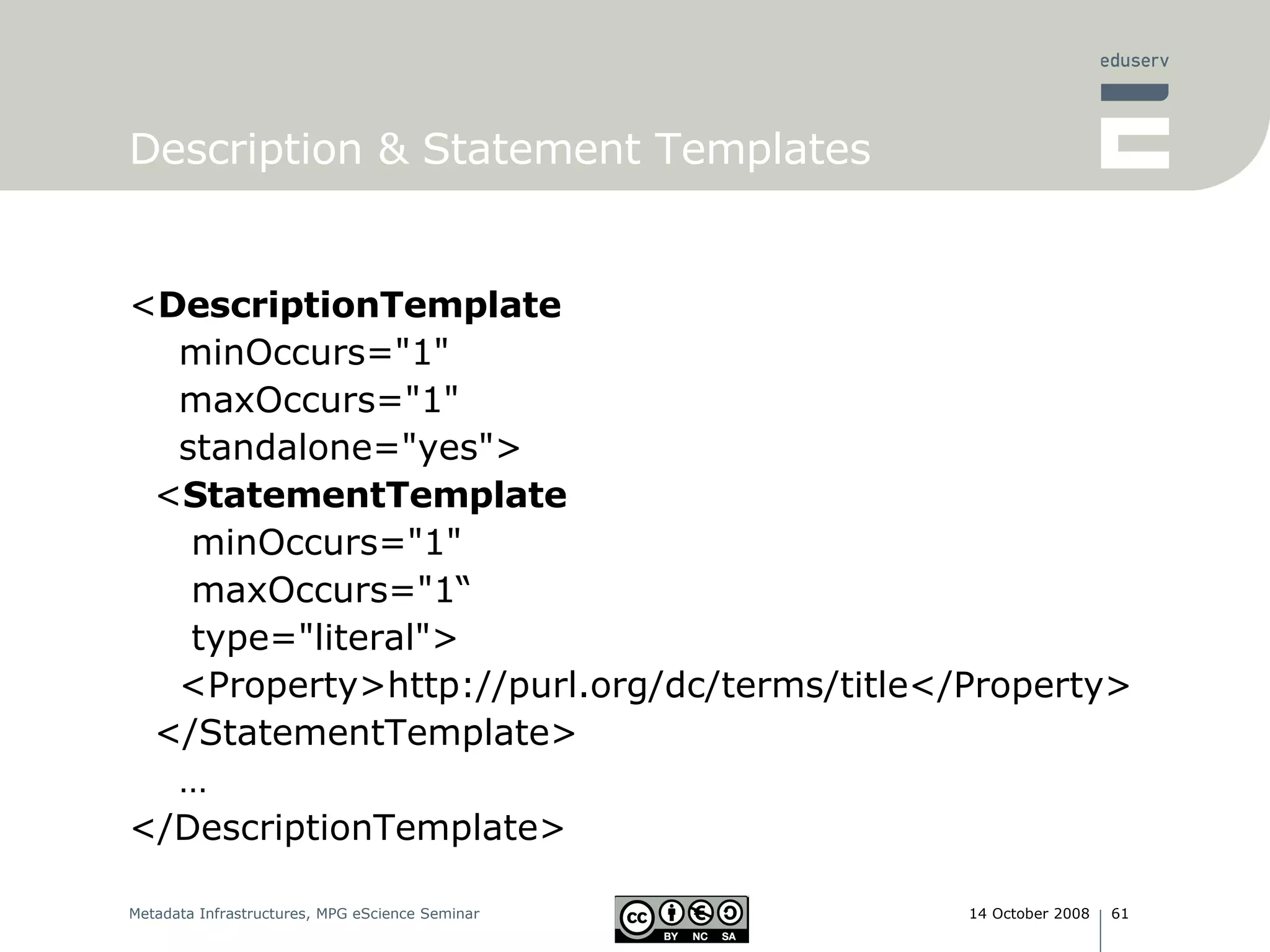 Description & Statement Templates < DescriptionTemplate   minOccurs=&quot;1&quot;  maxOccurs=&quot;1&quot;  standalone=&quot;yes&quot;> < StatementTemplate   minOccurs=&quot;1&quot;  maxOccurs=&quot;1“  type=&quot;literal&quot;> <Property>http://purl.org/dc/terms/title</Property> </StatementTemplate> …  </DescriptionTemplate> 