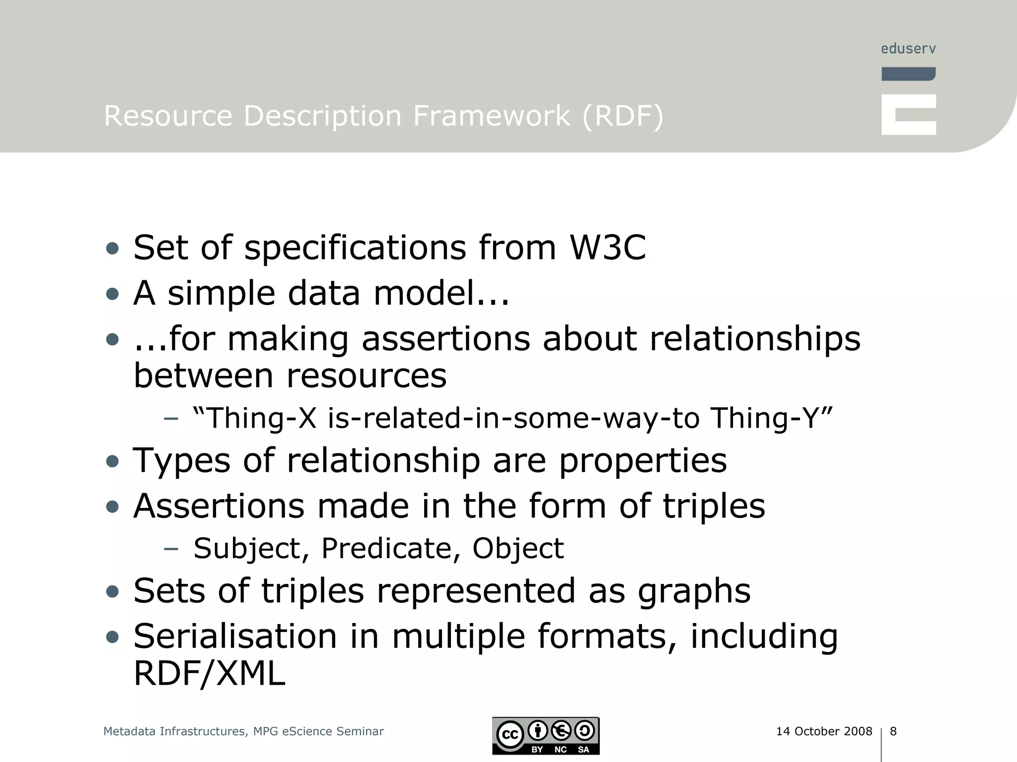 Resource Description Framework (RDF) Set of specifications from W3C  A simple data model... ...for making assertions about relationships between resources “ Thing-X is-related-in-some-way-to Thing-Y” Types of relationship are properties Assertions made in the form of triples Subject, Predicate, Object Sets of triples represented as graphs Serialisation in multiple formats, including RDF/XML 