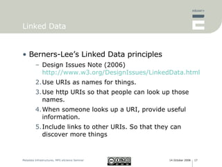 Linked Data Berners-Lee’s Linked Data principles Design Issues Note (2006) http://www.w3.org/DesignIssues/LinkedData.html Use URIs as names for things. Use http URIs so that people can look up those names. When someone looks up a URI, provide useful information. Include links to other URIs. So that they can discover more things 