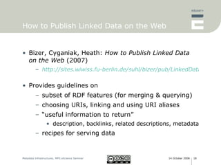 How to Publish Linked Data on the Web Bizer, Cyganiak, Heath:  How to Publish Linked Data on the Web  (2007) http://sites.wiwiss.fu-berlin.de/suhl/bizer/pub/LinkedDataTutorial/   Provides guidelines on subset of RDF features (for merging & querying) choosing URIs, linking and using URI aliases “ useful information to return” description, backlinks, related descriptions, metadata recipes for serving data 