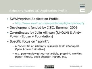 Scholarly Works DC Application Profile SWAP/eprints Application Profile http://www.ukoln.ac.uk/repositories/digirep/index/Eprints_Application_Profile Development funded by JISC, Summer 2006  Co-ordinated by Julie Allinson (UKOLN) & Andy Powell (Eduserv Foundation) Specific focus on "eprint":  a ''scientific or scholarly research text'‘ (Budapest Open Access Initiative)‏ e.g. peer-reviewed journal article, preprint, working paper, thesis, book chapter, report, etc. 