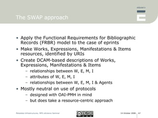 The SWAP approach Apply the Functional Requirements for Bibliographic Records (FRBR) model to the case of eprints Make Works, Expressions, Manifestations & Items resources, identified by URIs Create DCAM-based descriptions of Works, Expressions, Manifestations & Items relationships between W, E, M, I attributes of W, E, M, I  relationships between W, E, M, I & Agents Mostly neutral on use of protocols designed with OAI-PMH in mind but does take a resource-centric approach 
