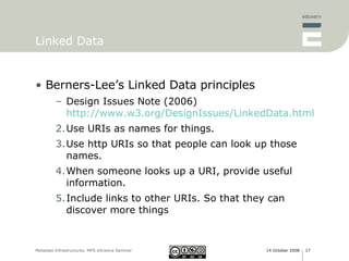 Linked Data <ul><li>Berners-Lee’s Linked Data principles </li></ul><ul><ul><li>Design Issues Note (2006) http://www.w3.org...
