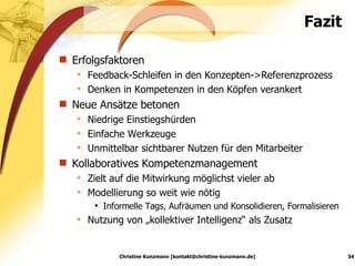 Fazit  Erfolgsfaktoren Feedback-Schleifen in den Konzepten->Referenzprozess Denken in Kompetenzen in den Köpfen verankert Neue Ansätze betonen Niedrige Einstiegshürden Einfache Werkzeuge Unmittelbar sichtbarer Nutzen für den Mitarbeiter Kollaboratives Kompetenzmanagement Zielt auf die Mitwirkung möglichst vieler ab Modellierung so weit wie nötig Informelle Tags, Aufräumen und Konsolidieren, Formalisieren Nutzung von „kollektiver Intelligenz“ als Zusatz Christine Kunzmann [kontakt@christine-kunzmann.de] 