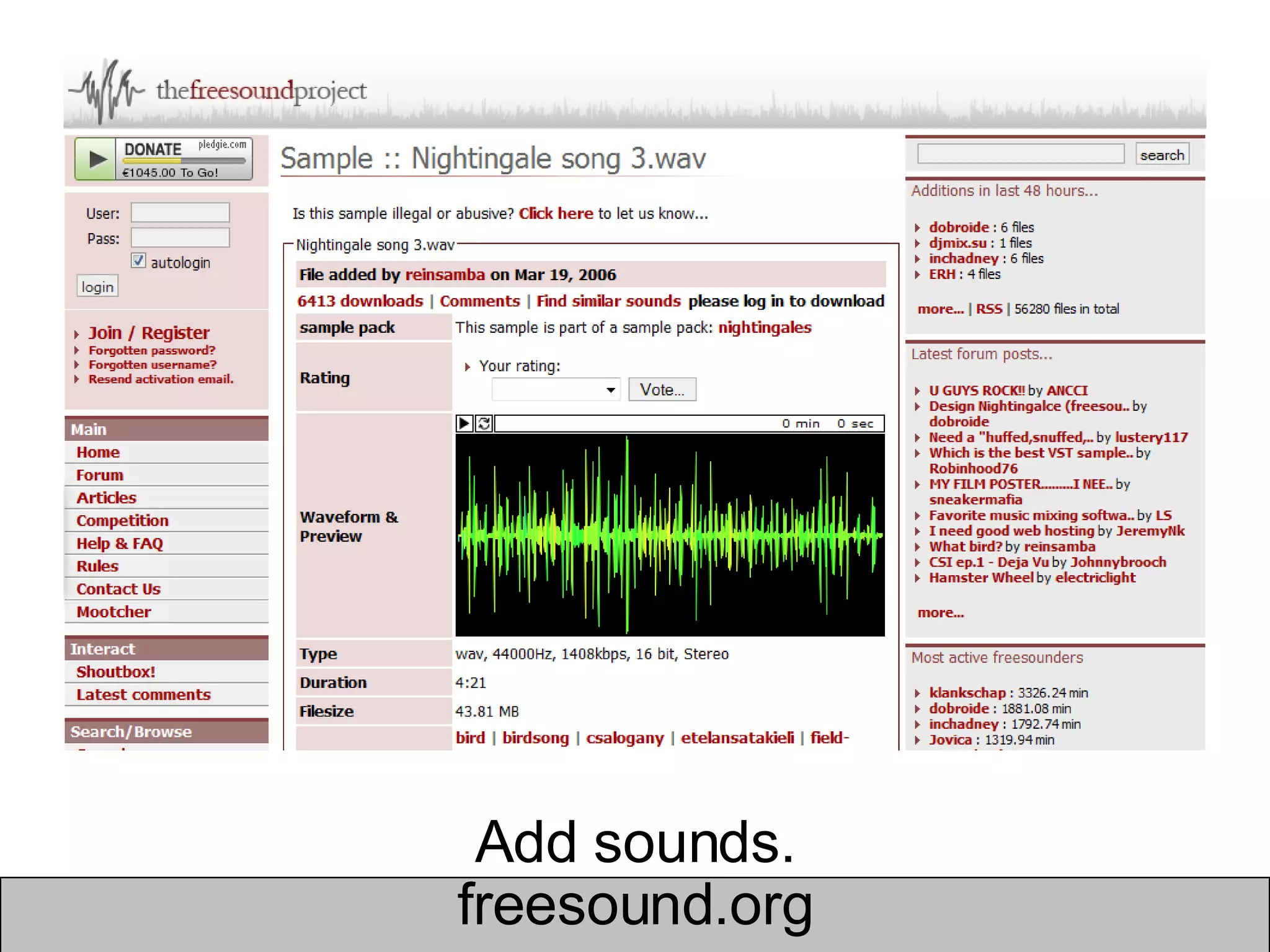 Add sounds. freesound.org 