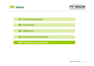 00 | Índice


      01 | Ficha del proyecto

      02 | Consorcio

      03 | Objetivos

      04 | Estructura del proyecto

      05 | Dominios de aplicación




                                     15
 