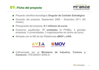 01 | Ficha del proyecto

    Proyecto científico-tecnológico Singular de Carácter Estratégico.
    Duración del proyecto: Septiembre 2008 – Diciembre 2011 (40
    meses).
    Presupuesto del proyecto: 9,1 millones de euros
    Consorcio equilibrado: 17 entidades (5 PYMEs, 4 grandes
    empresas, 5 universidades, 3 organizaciones sin ánimo de lucro).
    Alineado con la AEI de las Plataformas eMOV y eVIA




    Cofinanciado por el Ministerio de Industria, Turismo y
    Comercio (TSI-020301-2008-2)



                                                                        4
 