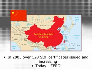 SQF in Peoples Republic of China In 2003 over 120 SQF certificates issued and increasing Today - ZERO Peoples Republic Of China 