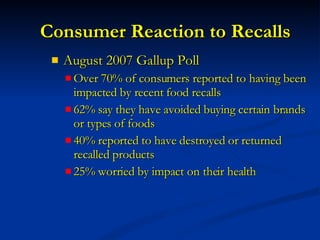 Consumer Reaction to Recalls August 2007 Gallup Poll Over 70% of consumers reported to having been impacted by recent food recalls 62% say they have avoided buying certain brands or types of foods  40% reported to have destroyed or returned recalled products 25% worried by impact on their health Gallup Poll taken prior to Chili Sauce Recall 