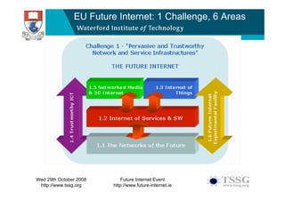 EU Future Internet: 1 Challenge, 6 Areas




Wed 29th October 2008       Future Internet Event
 http://www.tssg.org    htt...