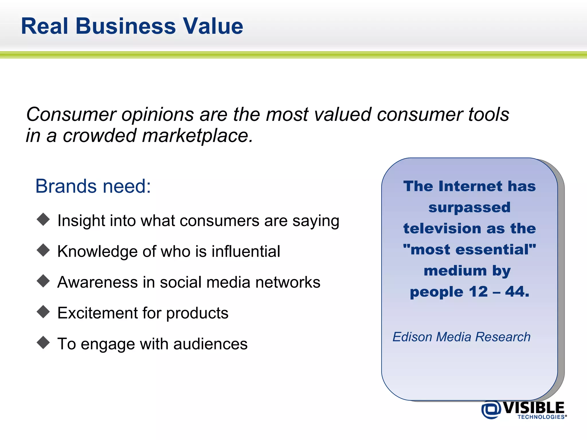 Real Business Value Consumer opinions are the most valued consumer tools in a crowded marketplace.   Brands need: Insight into what consumers are saying Knowledge of who is influential Awareness in social media networks Excitement for products  To engage with audiences  The Internet has surpassed television as the "most essential" medium by  people 12 – 44. Edison Media Research 