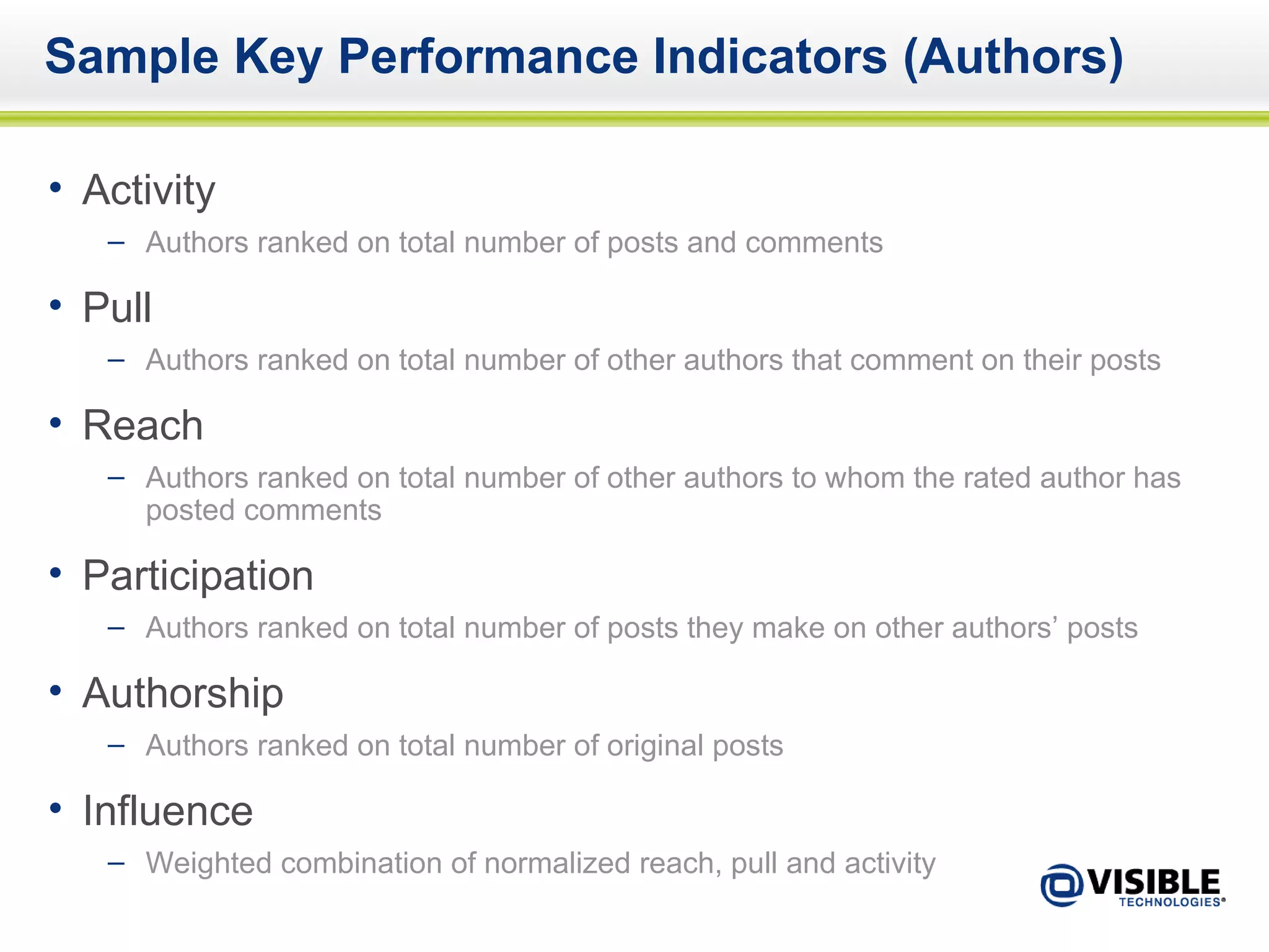Sample Key Performance Indicators (Authors) Activity Authors ranked on total number of posts and comments Pull Authors ranked on total number of other authors that comment on their posts Reach Authors ranked on total number of other authors to whom the rated author has posted comments Participation Authors ranked on total number of posts they make on other authors’ posts Authorship Authors ranked on total number of original posts Influence Weighted combination of normalized reach, pull and activity 