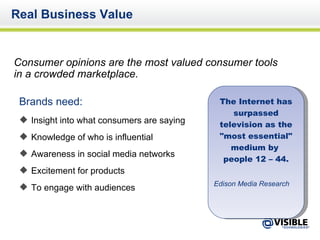 Real Business Value Consumer opinions are the most valued consumer tools in a crowded marketplace.   Brands need: Insight into what consumers are saying Knowledge of who is influential Awareness in social media networks Excitement for products  To engage with audiences  The Internet has surpassed television as the "most essential" medium by  people 12 – 44. Edison Media Research 