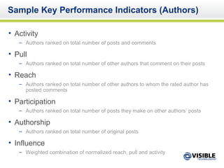 Sample Key Performance Indicators (Authors) Activity Authors ranked on total number of posts and comments Pull Authors ranked on total number of other authors that comment on their posts Reach Authors ranked on total number of other authors to whom the rated author has posted comments Participation Authors ranked on total number of posts they make on other authors’ posts Authorship Authors ranked on total number of original posts Influence Weighted combination of normalized reach, pull and activity 