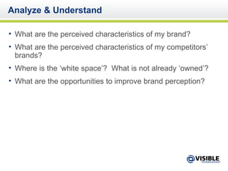 Analyze & Understand What are the perceived characteristics of my brand? What are the perceived characteristics of my competitors’ brands? Where is the ‘white space’?  What is not already ‘owned’? What are the opportunities to improve brand perception? 