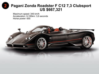 Pagani Zonda Roadster F C12 7,3 Clubsport Acceleration: 0-100km: 3,6 seconds Maximum speed: 345 km/h 2 US $667,321 Horse power: 650  