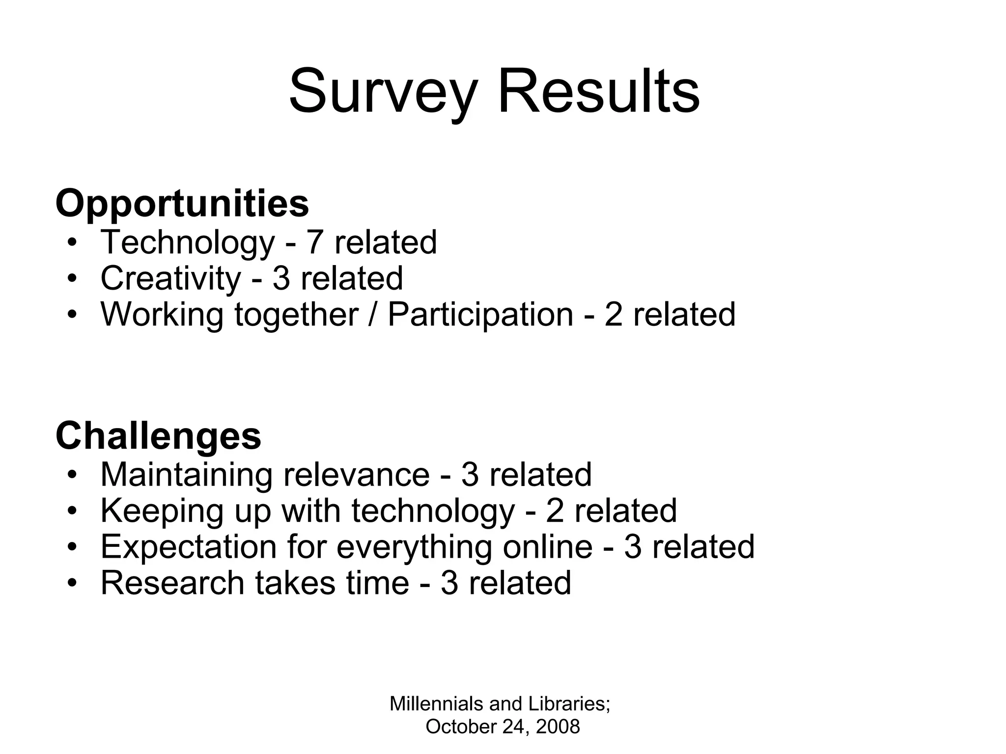 Survey Results  Opportunities Technology - 7 related Creativity - 3 related Working together / Participation - 2 related     Challenges Maintaining relevance - 3 related Keeping up with technology - 2 related Expectation for everything online - 3 related Research takes time - 3 related Millennials and Libraries;  October 24, 2008 