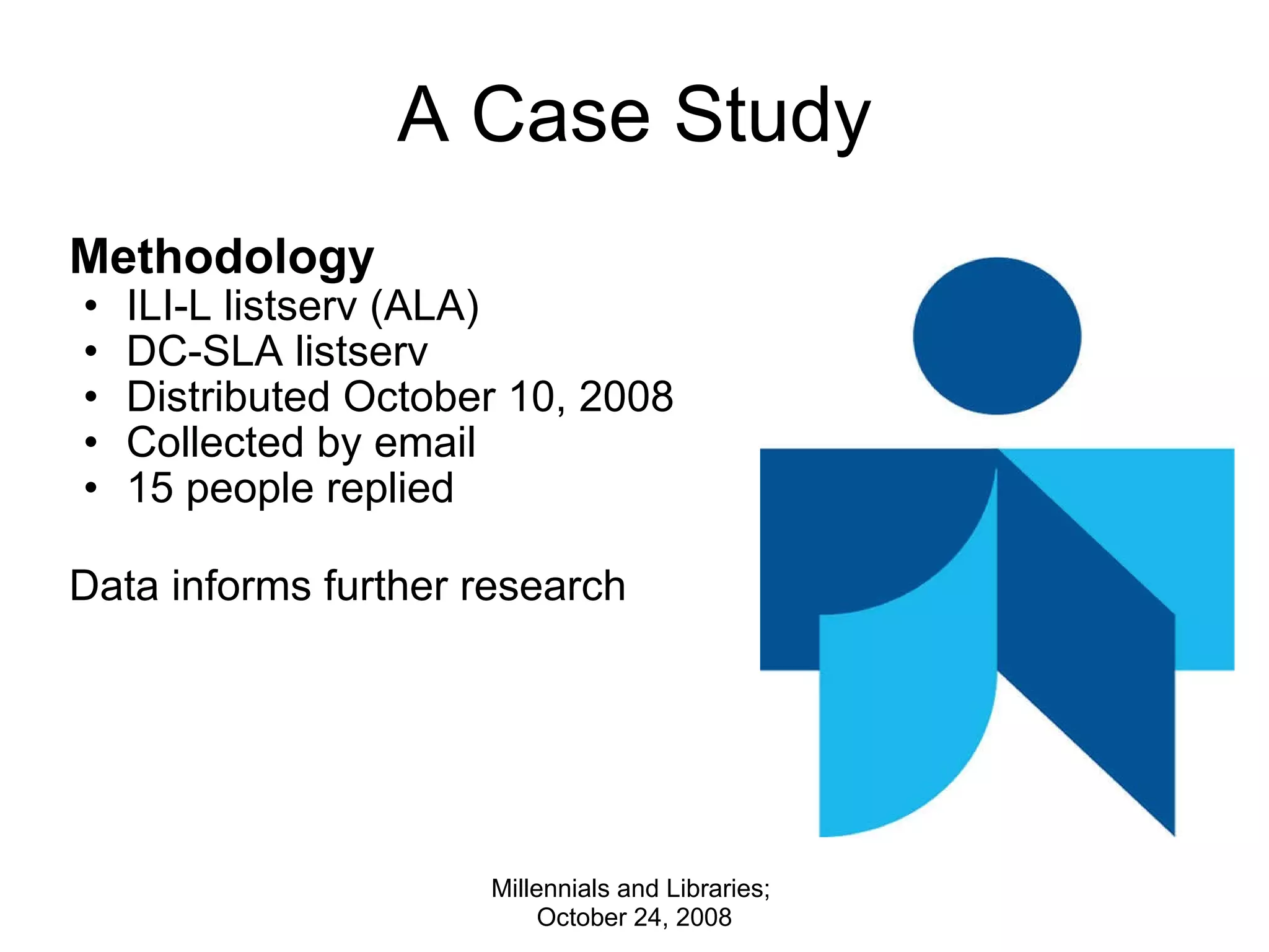 A Case Study Methodology ILI-L listserv (ALA) DC-SLA listserv Distributed October 10, 2008 Collected by email 15 people replied   Data informs further research Millennials and Libraries;  October 24, 2008 