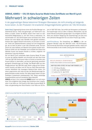 25

PRODUCT NEWS

ASMUS, ASMEU – 130/30 Alpha Surprise Model Index Zertiﬁkate von Merrill Lynch

Mehrwert in schwierigen Zeiten
In der gegenwärtigen Baisse bekommen Strategien Oberwasser, die nicht einseitig auf steigende
Kurse setzen. Zu den Produkten mit erweiterten Anlagemöglichkeiten gehören die 130/30-Ansätze.
Dieter Haas| Gegenwärtig können einem die Portfolio-Manager von
Aktienfonds leid tun. Diese sind gezwungen, auf Teufel komm raus
Aktien zu kaufen. Sinken die Märkte, stehen ihnen meist nur sehr
beschränkte Möglichkeiten zu, sich dem Trend zu widersetzen. Da
sind Verwalter von 130/30-Konzepten schon viel besser dran. Diese
können sich einer Baisse zwar ebenfalls nicht gänzlich entziehen,
besitzen aber ungleich bessere Instrumente, um sich davor zu schützen. Hinter der Zahlenkombination verbirgt sich eine Anlagestrategie, die vor bald 20 Jahren in den USA entwickelt wurde. Sie baut
darauf auf, dass teilweise auf fallende Kurse gesetzt werden kann.
Dadurch erhöht sich die Flexibilität und es besteht die Chance bei
fallenden Kursen eine bessere Rendite zu erzielen, verglichen mit
klassischen Long-only-Ansätzen.
Der von Merrill Lynch entwickelte Alpha Surprise Model TR Index
ist eines der ältesten Modelle und vermochte seit dem Start Ende
1999 den S&P 500 Performance Index im Schnitt um beinahe zehn
Prozent jährlich zu übertreffen, und das bei gleichzeitig wesentlich
geringeren Schwankungen der Erträge. Das Modell wählt aus dem
Anlageuniversum des S&P-500 Index Aktien aufgrund der Komponenten Surprise und Alpha rund 50 Titel aus. Beim Überraschungsmoment identiﬁziert das hauseigene Research-Team Aktien, von
denen angenommen wird, dass sie über den Markterwartungen liegende Resultate erzielen werden. Der Alpha-Aspekt basiert auf dem
Aufstöbern fundamental unterbewerteter Titel. Dieses zweistuﬁge
Auswahlverfahren wird auf monatlicher Basis überprüft.
ASMUS und das in Euro notierende ASMEU setzen nun noch einen
drauf. Sie ermöglichen dem Anleger das Einnehmen einer Long-Position in der Höhe von 130 Prozent im ML Alpha Surprise Model TR
Index und gleichzeitig einer Short-Position in der Höhe von 30 Pro-

ASMUS versus S&P-500-TR und S&P-500-130/30-TR

zent im S&P 500 Index. Das erhöht die Partizipation am Basiswert.
Die Auswirkungen sind vor allem in Baissen offensichtlich, was die
letzten Monate eindrücklich gezeigt haben. So ermöglicht die ShortSeite eine deutliche Steigerung des Gesamtertrags und dies trotz
einer jährlichen Management Fee von einem Prozent (vgl. Graﬁk).
payoff-Einschätzung: Die Entwicklung von ASMUS in den vergangenen Monaten zeigt den Mehrwert eines 130/30-Ansatzes.
Zwar konnte das Startniveau nicht ganz gehalten werden, relativ zum
Performanceindex ist die erzielte Leistung aber höchst beachtlich.

MULTI-BONUS-ZERTIFIKAT

Sie jetzt! 008.
2
Zeichnen
Oktober
zum 3.
Bis

Attraktive Bonus-Rendite mit konservativem Quartett

SMI®/DJ EURO STOXX 50®/S&P 500®/NIKKEI 225®

–> 14% Bonus-Rendite
–> 60% (ind.) BARRIER-Level
–> Laufzeit bis 16. April 2010
--- www.oppenheim-derivate.ch --Intelligent investieren! Mit Europas grösster unabhängiger Privatbank.

Risk-Return-Diagramm

%
108
104

ASMUS, ASMEU

Return

100
96
92

Partizipation
Renditeoptimierung

88
84

Kapitalschutz

80
8.8.07

8.10.07

S&P-500-TR-Index

8.12.07

8.2.08

8.4.08

8.6.08

S&P-500 130/30-Strategie-TR-Index

Quelle: Bloomberg (indexiert in USD ab 8.8.2007)

dp payoff all about derivative investments | Oktober 2008

8.8.08

Risk

ASMUS
Quelle: Derivative Partners AG

Hebel

 