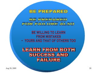 BE PREPARED BE PREPARED FOR FAILURE ALSO BE WILLING TO LEARN FROM MISTAKES ~  YOURS AND THAT OF OTHERS TOO LEARN FROM BOTH SUCCESS AND FAILURE 