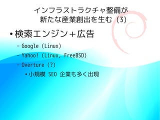インフラストラクチャ整備が
               新たな産業創出を生む (3)
●
    検索エンジン＋広告
    –   Google (Linux)
    –   Yahoo! (Linux, FreeBSD)
    –   Overture (?)
         ●
             小規模 SEO 企業も多く出現
 