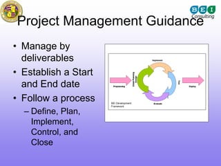 Project Management Guidance
• Manage by
  deliverables
• Establish a Start
  and End date
• Follow a process
  – Define, Plan,
    Implement,
    Control, and
    Close
 