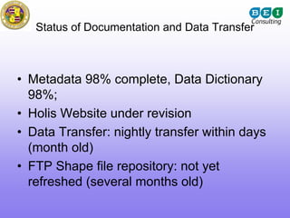 Status of Documentation and Data Transfer



• Metadata 98% complete, Data Dictionary
  98%;
• Holis Website under revision
• Data Transfer: nightly transfer within days
  (month old)
• FTP Shape file repository: not yet
  refreshed (several months old)
 