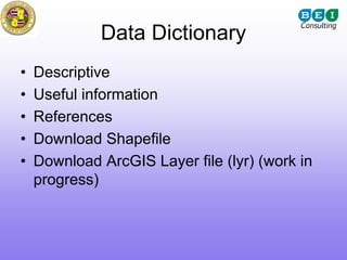 Data Dictionary
•   Descriptive
•   Useful information
•   References
•   Download Shapefile
•   Download ArcGIS Layer file (lyr) (work in
    progress)
 