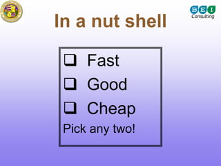 In a nut shell

     Fast
     Good
     Cheap
 Pick any two!
 