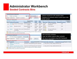 Administrator Workbench
Seeded Contracts Bins

                        - Default seeded bin with seeded views
                        - Displays all contracts where current user is the
                        vendor contact




                         -All in-process contracts
                         -User can define views to filter contracts
                         -Bin has to be enabled using OA Framework
                         personalize features
 