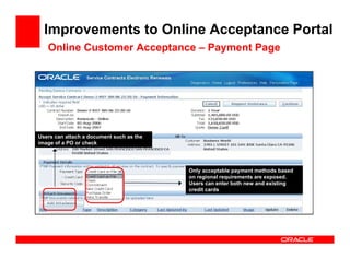 Improvements to Online Acceptance Portal
   Online Customer Acceptance – Payment Page




Users can attach a document such as the
image of a PO or check




                                          Only acceptable payment methods based
                                          on regional requirements are exposed.
                                          Users can enter both new and existing
                                          credit cards
 