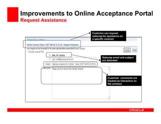 Improvements to Online Acceptance Portal
Request Assistance

                     Customer can request
                     salesrep for assistance on
                     a specific contract




                             Salesrep email and subject
                             are defaulted




                                  Customer comments are
                                  tracked as interaction on
                                  the contract
 