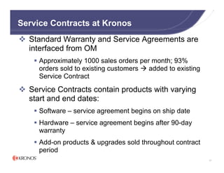 Service Contracts at Kronos
  Standard Warranty and Service Agreements are
  interfaced from OM
     Approximately 1000 sales orders per month; 93%
     orders sold to existing customers  added to existing
     Service Contract

  Service Contracts contain products with varying
  start and end dates:
     Software – service agreement begins on ship date
     Hardware – service agreement begins after 90-day
     warranty
     Add-on products & upgrades sold throughout contract
     period
                                                            67
 