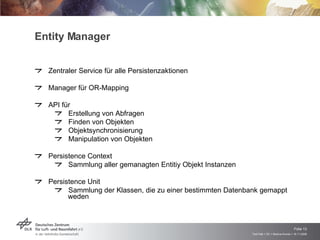 Entity Manager Zentraler Service für alle Persistenzaktionen Manager für OR-Mapping API für Erstellung von Abfragen Finden von Objekten Objektsynchronisierung Manipulation von Objekten Persistence Context Sammlung aller gemanagten Entitiy Objekt Instanzen Persistence Unit Sammlung der Klassen, die zu einer bestimmten Datenbank gemappt weden 